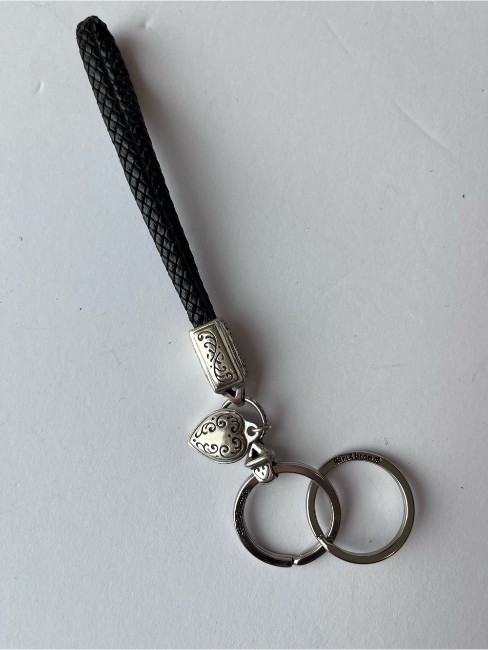 Brighton Keychain Silver Heart Black Braided Leather Purse Charm
